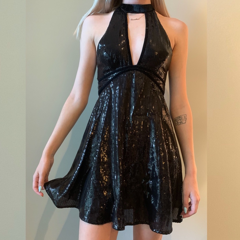 Free People black sequin mini dress w/ velvet trim